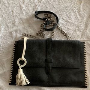 BADGLEY MISCHKA Charcoal clutch, cream trim/tassel w/remov. chain shoulder strap